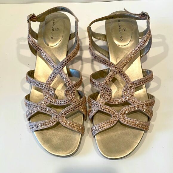 Bandolino Pink/Gold Strappy WEDGE SANDAL Size 8.5 - Picture 1 of 8